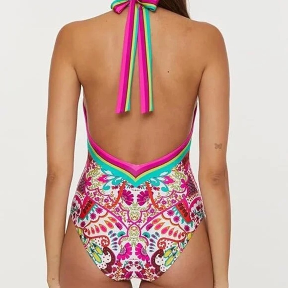 Trina Turk Hawaiian Garden Border Halter Plunge One-Piece Swimsuit – Size 6 - Picture 2 of 6